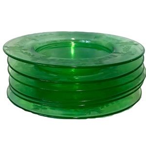 6 Uranium Green Glass Plates with Floral Design. 7-1/2” diam. Exc. Cond.